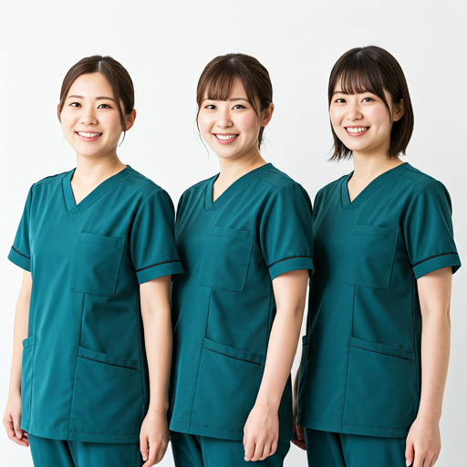 A diverse team of three smiling nurses in uniform, representing professionalism and teamwork.